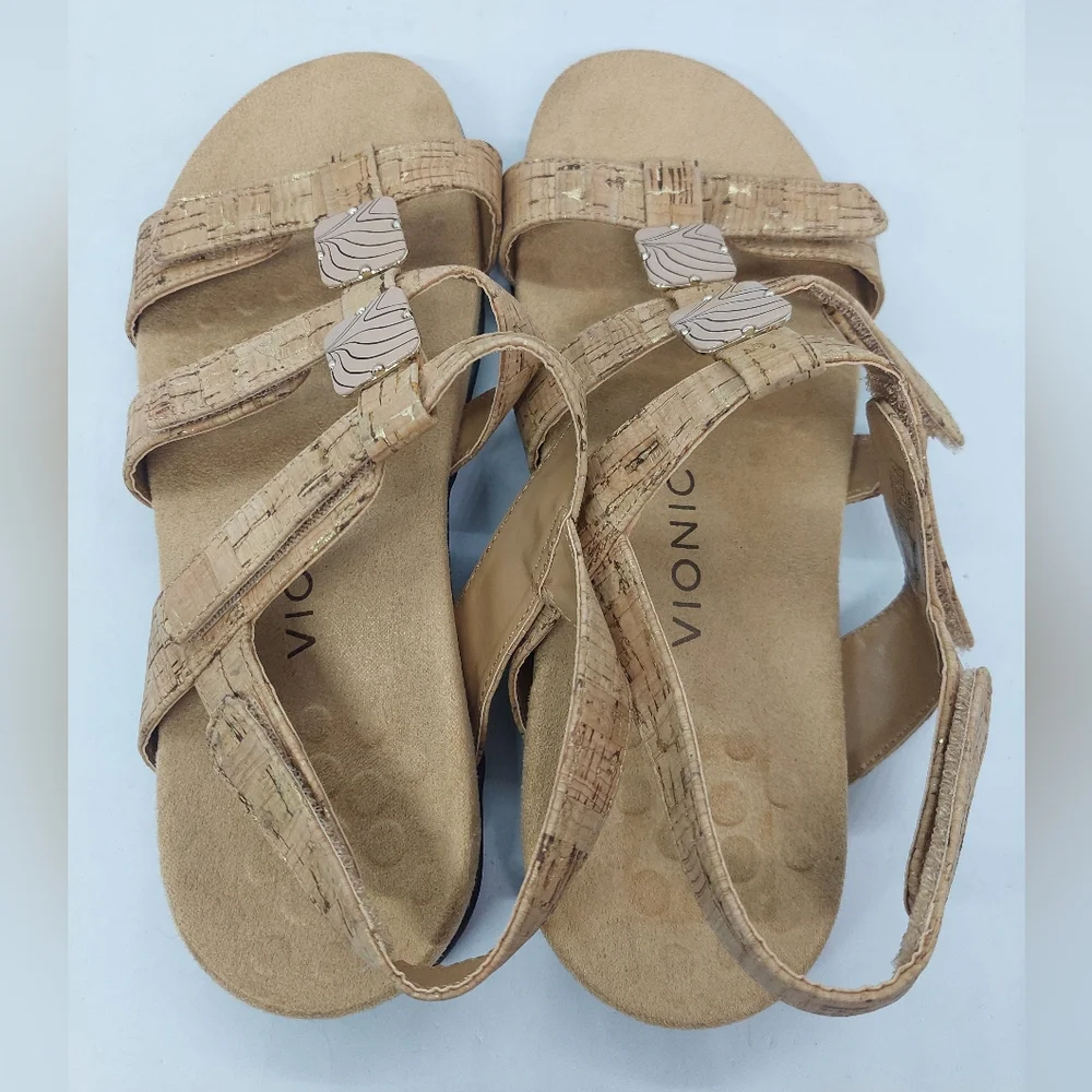 Vionic Amber Sandals Strappy Beige Cork Open Toe Casual Shoes Women's Size 8